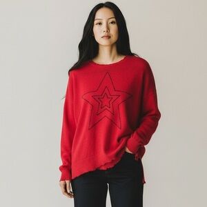 Women’s Sundry Vibrant Red Knit Embroidered Star Top cashmere wool